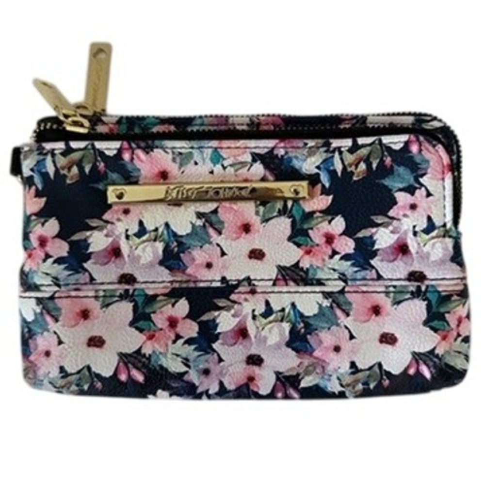 Betsey Johnson Navy‎ Blue Pink White Floral Zip Around Cluth Wallet Y2K